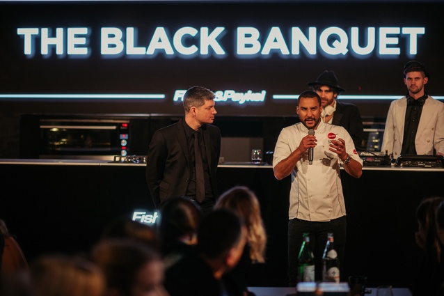Emcee Jesse Mulligan introduces chef Gareth Stewart at the Fisher & Paykel Black Banquet.