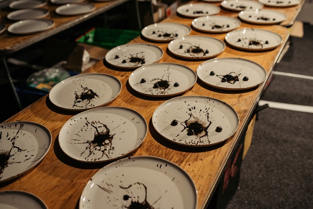 Preparation for Gareth Stewart's entrée 'Waro', featuring crayfish, 'gaggan' taro dumpling and smoked soil.