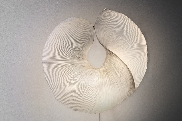 Yoruba Rose lamp made from pleated Japanese paper by Ingo Maurer.