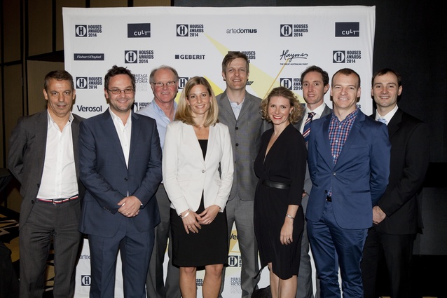 Houses Awards supporting partners, L–R: Richard Munao (Cult), Tim Haymes (Haymes Paint), Jim Norris (Heritage Council of Victoria), Nora Prager Stumpf (Geberit), Phil Brenton (Artedomus), Elizabeth McIntyre (Think Brick), Charlie McDonald (Fisher & Paykel), James Grant (AILA NSW Chapter), and Anthony Adamo (Verosol).