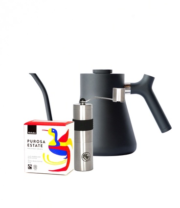 Stagg Kettle, Hand Grinder + Purosa Estate | $220 from <a href="https://kokako.co.nz/collections/gift-packs/products/stagg-kettle-hand-grinder-purosa-estate" target="_blank"><u>kokako.co.nz</u></a>