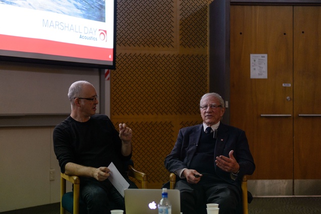 Andrew Barrie in conversation with Sir Harold Marshall as part of the Fast Forward lecture series at the University of Auckland.