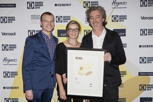 Winner of Outdoor Christine Major (centre) and David Welsh (right) with James Grant, president of AILA NSW Chapter.