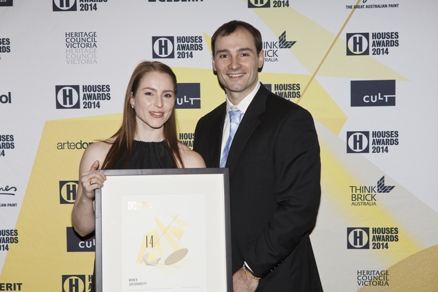 Winner of Sustainability Bonnie Herring of Breathe Architecture with Anthony Adamo of Verosol.