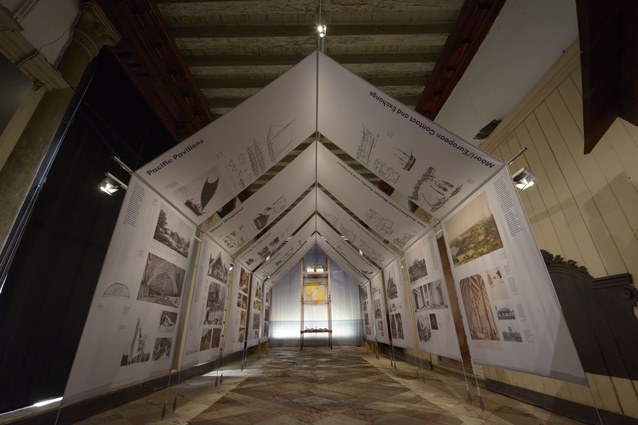 The sides of the fabric ‘tent’ are imprinted with images showing the Pacific tradition of building, and its arrival and evolution in New Zealand.